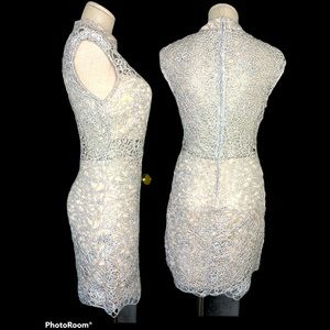 Women’s White Silver Mini Dress Lace Mock Neck NWOT 9/10